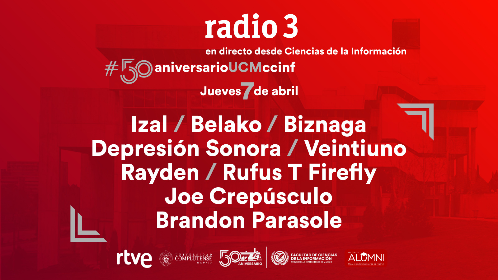 El 7 de abril Brandon Parasole actuará en el especial de Radio 3 con motivo de nuestro #50aniversarioucmccinf - 1